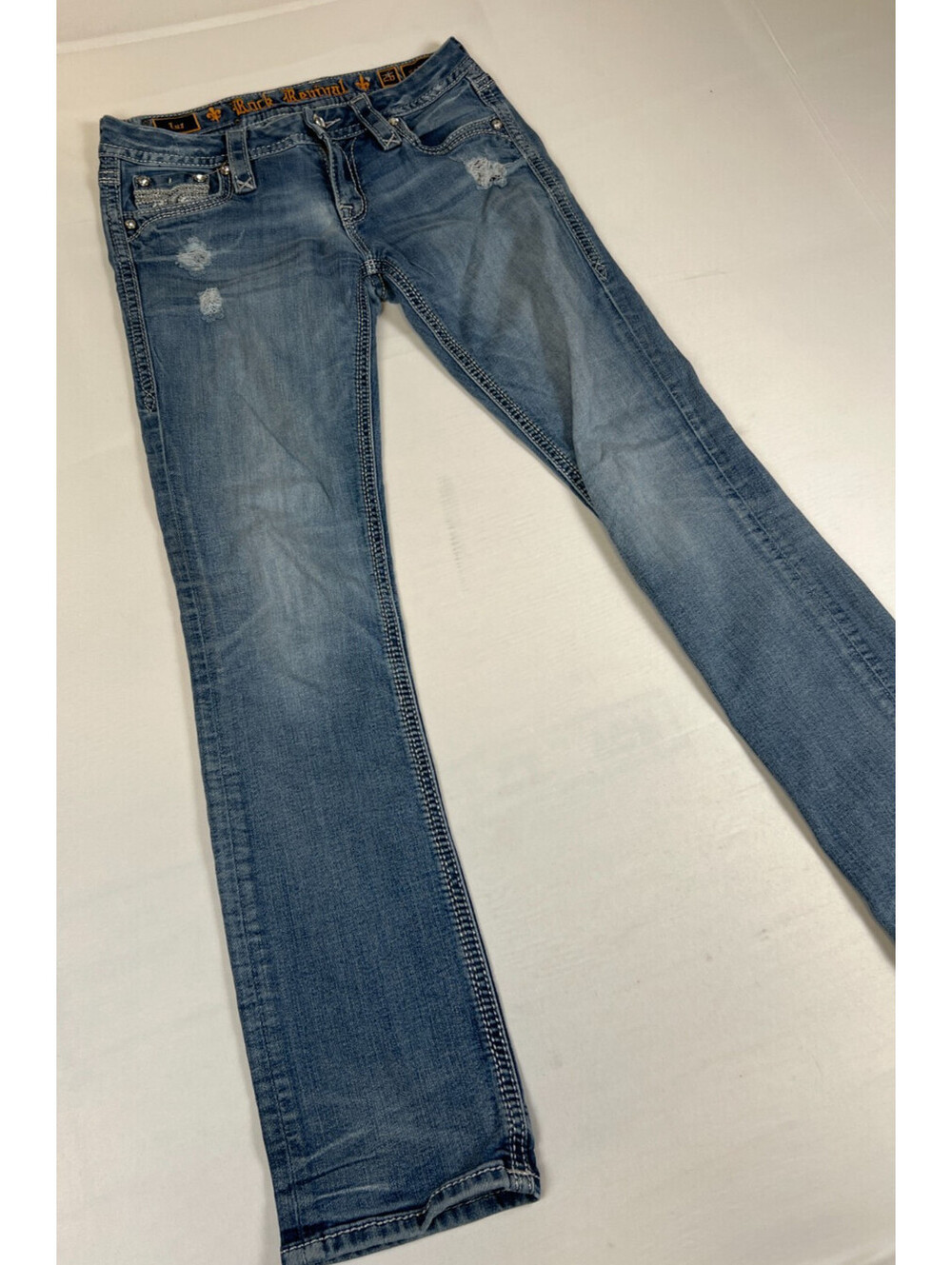 Rock Revival Women 26 Luz Easy Straight Jeans Blue Distressed Denim - Picture 5 of 16